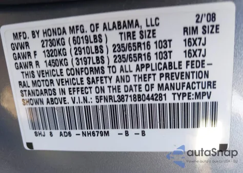 2008 Honda Odyssey Ex-L from USA, damaged, VIN 5FNRL38718B044281
